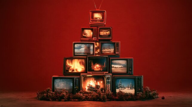 Vintage television set stack arranged in pyramid with cozy fireplace display and winter landscape against red background