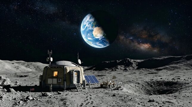 Small moon base station on lunar surface with planet earth visible in dark space.