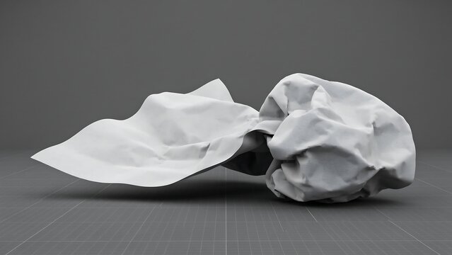 Crumpled white paper lying on a grey gridded studio floor under soft lighting.