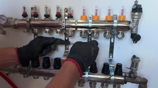 Worker installs manifold for hydronic underfloor heating system