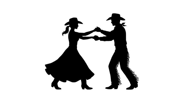 Cowboy and cowgirl silhouettes dancing together wearing hats.