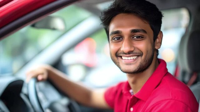 A smiling Indian man behind the wheel of a car. Concept of a trip, driving, friendly service, or car rental
