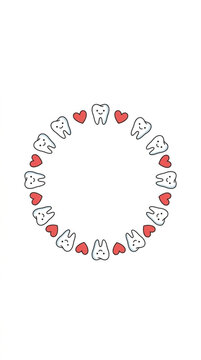 Cute Tooth and Heart Wreath Circle Frame Dental Care and Love Concept White Background