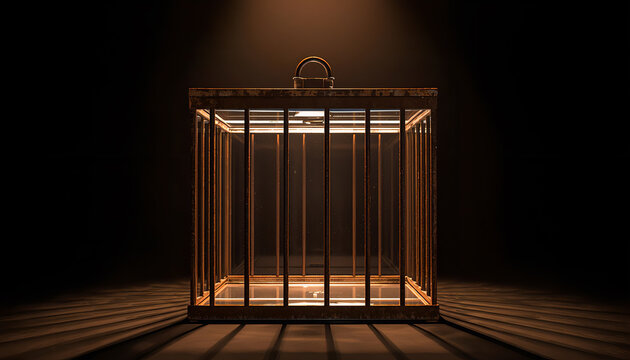 Empty metallic cage with glowing warm lights inside under dramatic spotlight on dark background representing captivity restriction and confinement