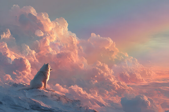 A pastel-colored arc stretches across fluffy clouds where a devoted dog waits patiently at the end on a day dedicated to honoring beloved pets at the rainbow bridge