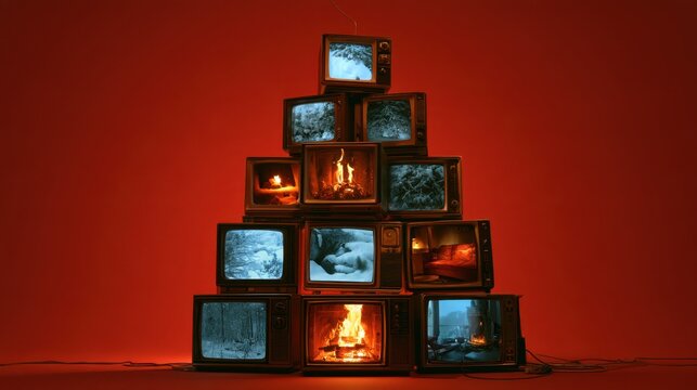 Vintage old television set pyramid with black and white screens showing fire and nature scenes on red background
