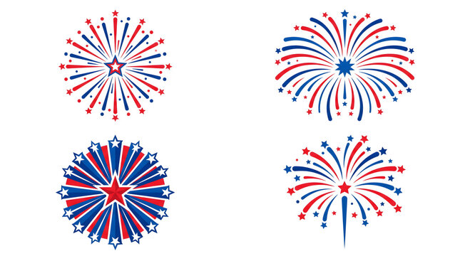 Four red and blue firework illustrations with star shapes on
