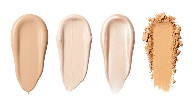 Cosmetic swatches showcasing liquid foundation shades highlighting cream and crushed beige face powder for makeup artist applications.