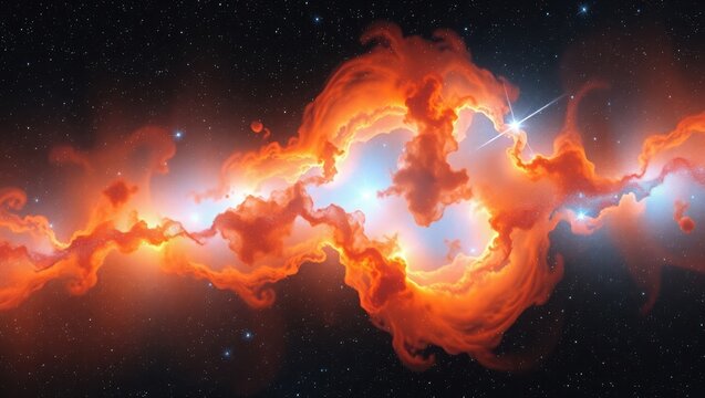 Bright orange nebula cloud with glowing stars in deep space