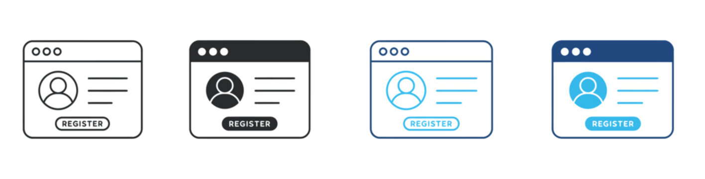 Register Form Icon Set Vector, User Profile on Web Page with Signup Button for Account Registration, Onboarding and User Interface Design.
