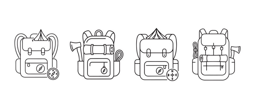 Set of four hiking backpack line icons for outdoor adventure and travel equipment design