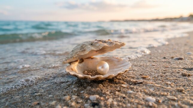 A large, open seashell rests on a sandy beach at sunset.