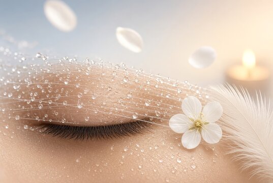 Primo piano di un occhio femminile chiuso con gocce d'acqua, fiore bianco e piuma, concetto di idratazione e cura della pelle