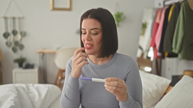 Woman young with short hair holding a pregnancy test, biting nails and fingers crossed while seated on a bed in a building; hope anticipation.