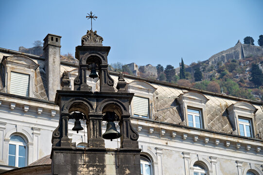 Church of Saint Luke in Kotor, Montenegro, nestled between grey mountains and the sea