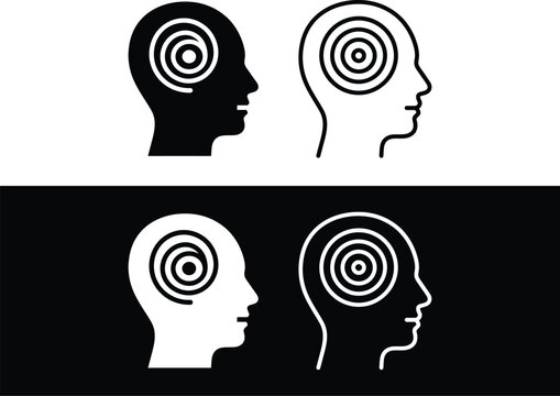 Mental focus head bullseye icon set, human mind target concentric circles symbol, psychology hypnosis concentration clarity badge, cognitive thinking awareness emblem and UI mobile vector icons