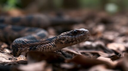 Obraz premium A close up of a snake with patterned scales resting among dry leaves in a forest floor setting