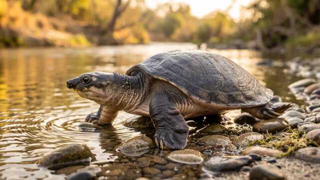 pig nosed turtle near a river close up at golden light in fly river papua new guinea video