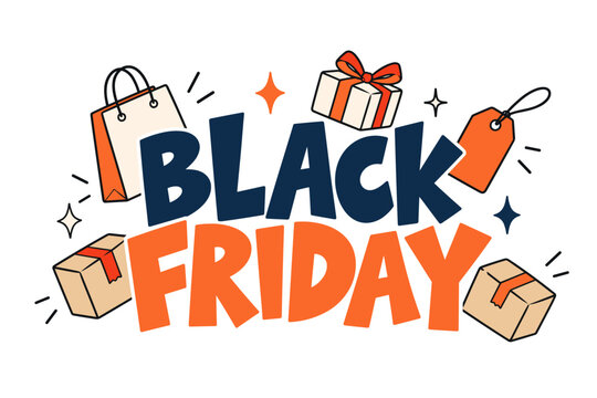 Black Friday lettering with shopping bags gifts and boxes