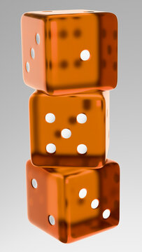 A stack of three standard colored, translucent, six-sided dice, positioned so that their faces are visible. The colored dice are depicted against a white background.