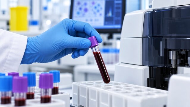 Blood sample tube handled beside automated laboratory analyzer