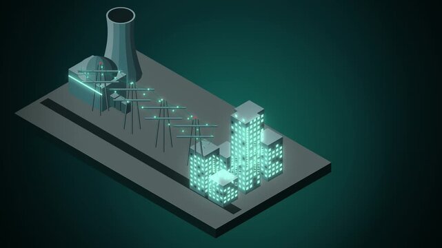 Isometric nuclear plant and glowing teal city connected by pylons