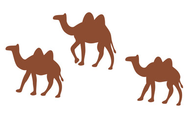 Fototapeta premium Three Camels Silhouette. Three camels walking together in a simple silhouette illustration, suitable for desert, travel, adventure, safari and animal themed designs.