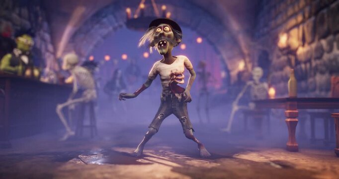 Funny cartoon zombie and skeletons dancing at Halloween party in a gothic dungeon pub, 3D animation