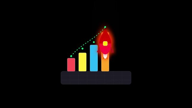 Business growth graph animation featuring red rocket launch over colorful bar charts on black background for startup success.