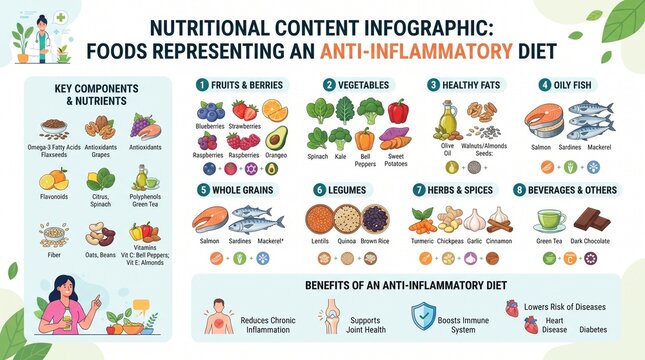 Comprehensive nutritional content infographic detailing foods for an anti-inflammatory diet and their health benefits