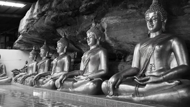 Cinematic black and white row of Buddha statues in meditation posture, Asian culture