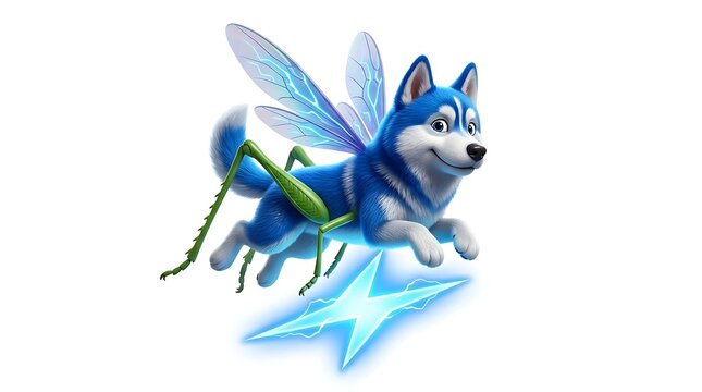 Blue winged husky hybrid dog leaping over a lightning bolt