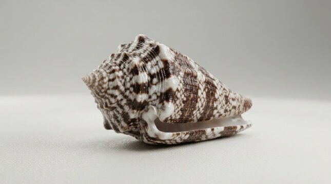 A single, large conch shell rests on a white surface.