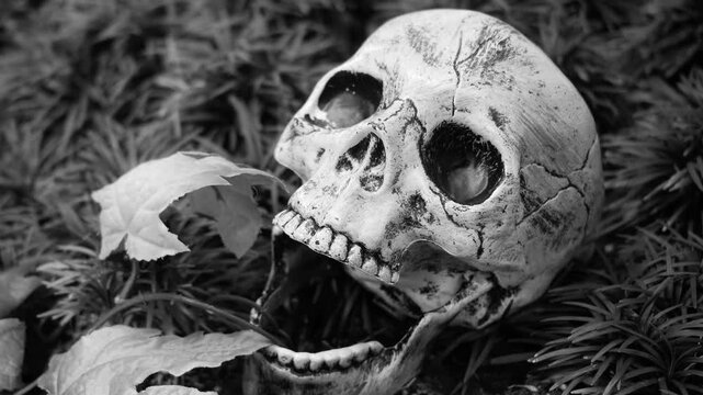 Scary human skull in autumn leaves black and white halloween conceptual footage