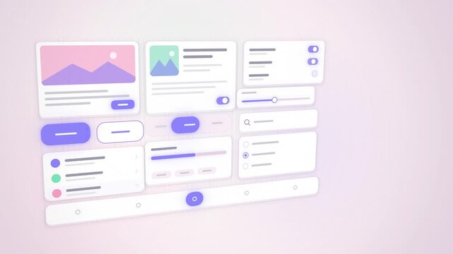 Pastel UI components assembling into a 3D floating interface kit