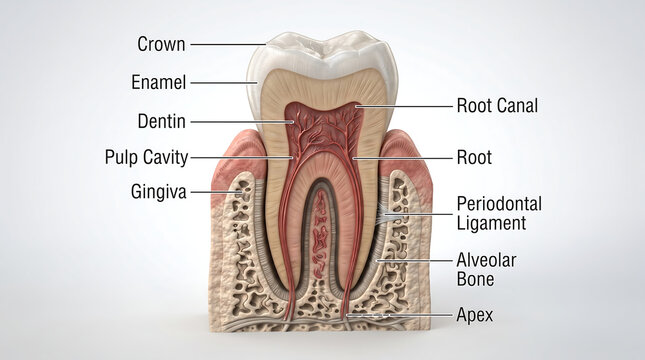 A cross-sectional image showing the internal structure of a molar tooth, embedded in the alveolar bone and gingiva, divided into the crown and root.