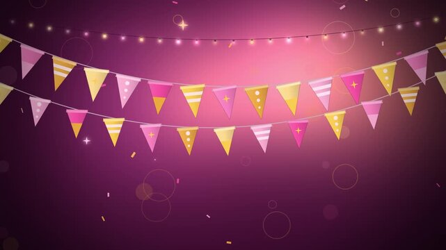 Pink and gold birthday bunting building up with string lights