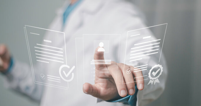 Claim review, performance, healthcare compliance, documentation, approval, and protection. Medical insurance audit concept showing a doctor examining a verified document with a checklist.