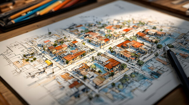 Hand Drawing on Detailed Cadastre Map for Urban Planning and Land Surveying Concepts