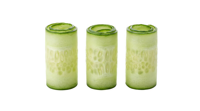 Three rolled green cucumber thin slices lined up for sushi garnish and salad decoration isolated on transparent background. 