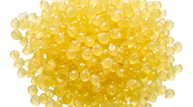 Pile of shiny golden yellow caviar pearls for molecular gastronomy fine dining garnish isolated on transparent background. 