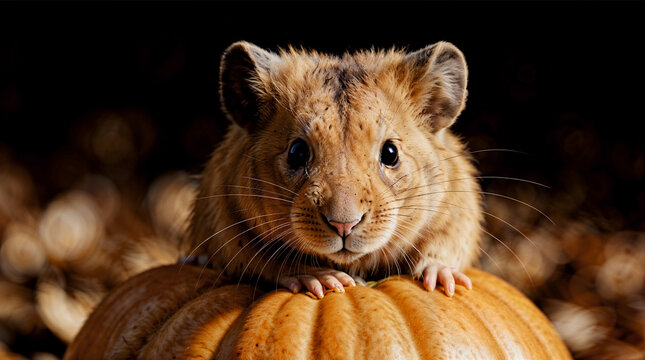 Cute golden hamster with big eyes sitting on small orange pumpkin against dark background with bokeh creating touching and cozy autumn Halloween atmosphere