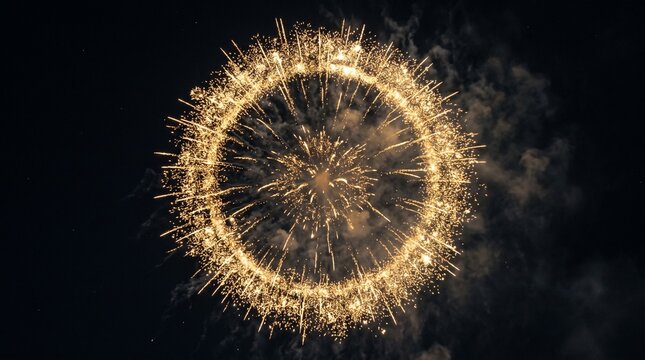 Golden fireworks burst in a perfect circle against the night sky, sparks radiating outward amidst smoke