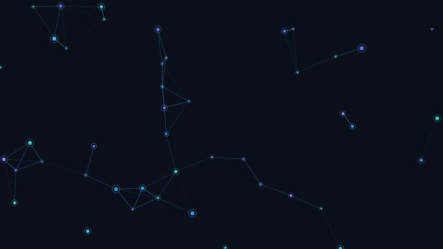 Abstract constellation network of blue dots connected with light lines on dark background