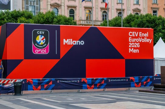 Milan, Italy &mdash; Large branded installation for the CEV Enel EuroVolley 2026 Men volleyball championship, featuring official event graphics, tournament logo and Milano signage in a public city space.