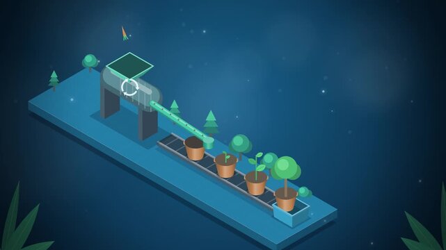 Isometric compost tumbler turning scraps into plants seamless loop
