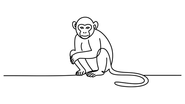 Simple continuous line drawing of a monkey sitting calmly Vector, illustration