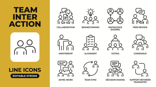 Team interaction line icon set featuring collaboration, communication, leadership, meetings, networking, partnership, brainstorming, workflow, editable stroke vectors.