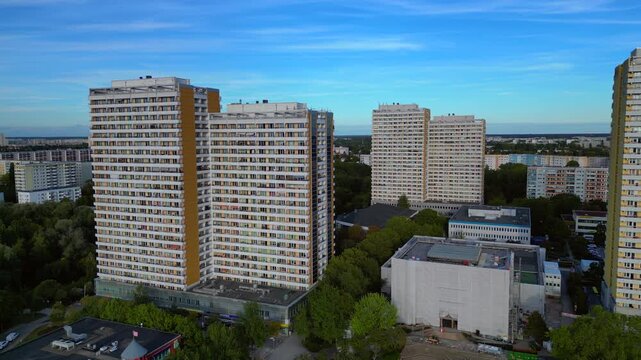 Solar panels on a prefabricated building in Marzahn. Majestic aerial view drone