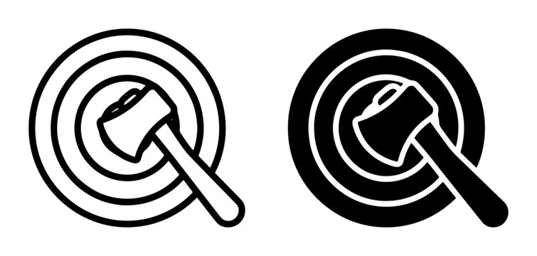 Axe throwing target icons set with bullseye and axe for sport and leisure